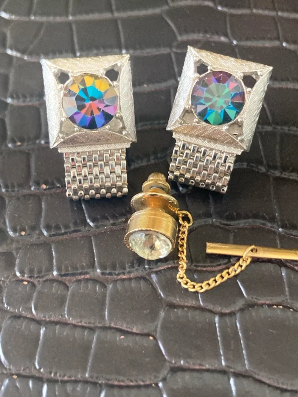 Vintage Swank Aurora Borealis Crystal Wrap Cufflinks w/ matching Tie Tack 1960s